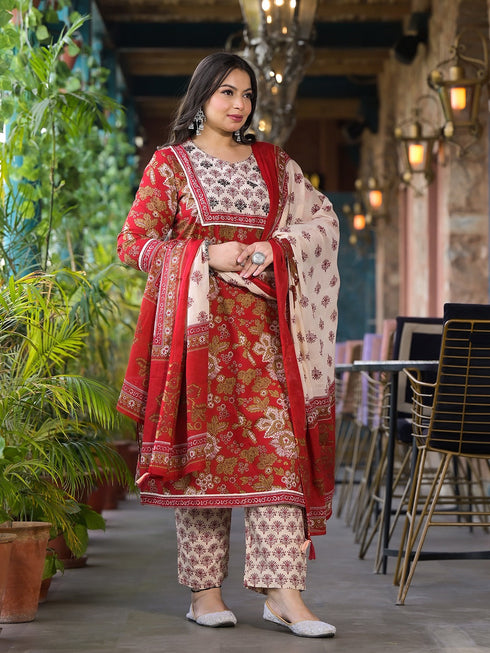 Women Plus Size Maroon Pure Cotton Kurta Set With Dupatta